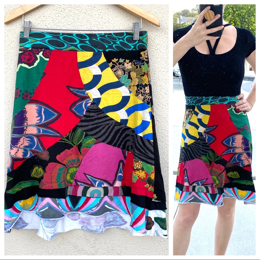 DESIGUAL SKIRT floral print patchwork embroidered black rainbow multicolored S M